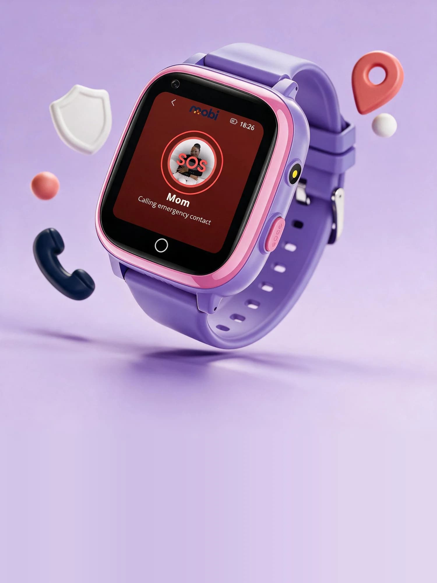 A purple Mobi watch showing its SOS screen calling Mom, surrounded by playful shield, location-pin and phone shapes.