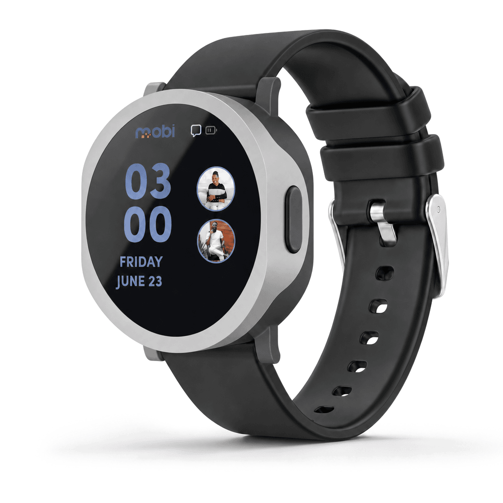 Mobi smartwatch with black band and silver case