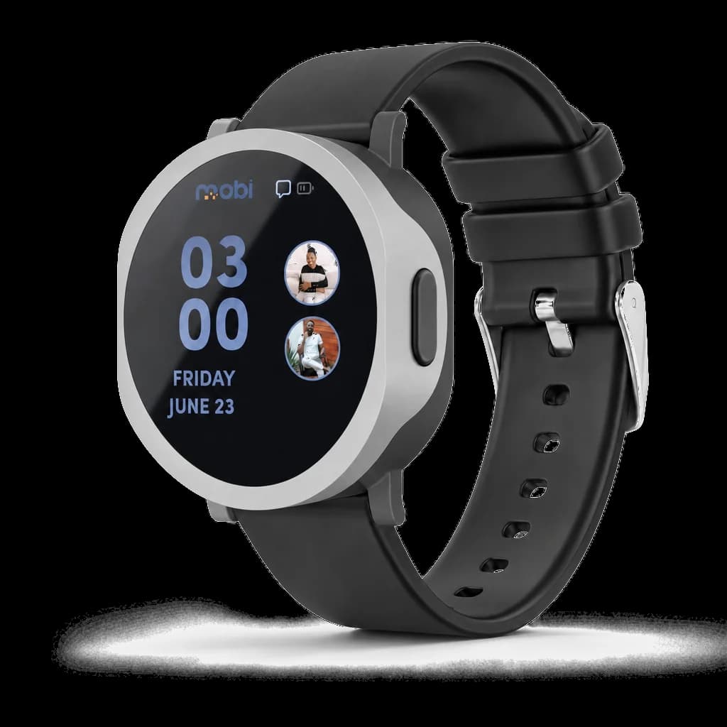 Mobi smartwatch with black band and silver case